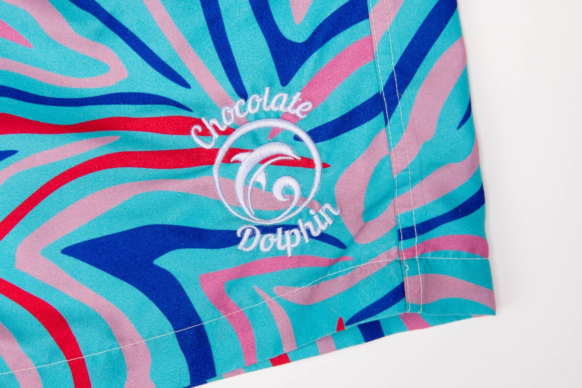 Aqua Blue/Red Swirl Swim Trunks