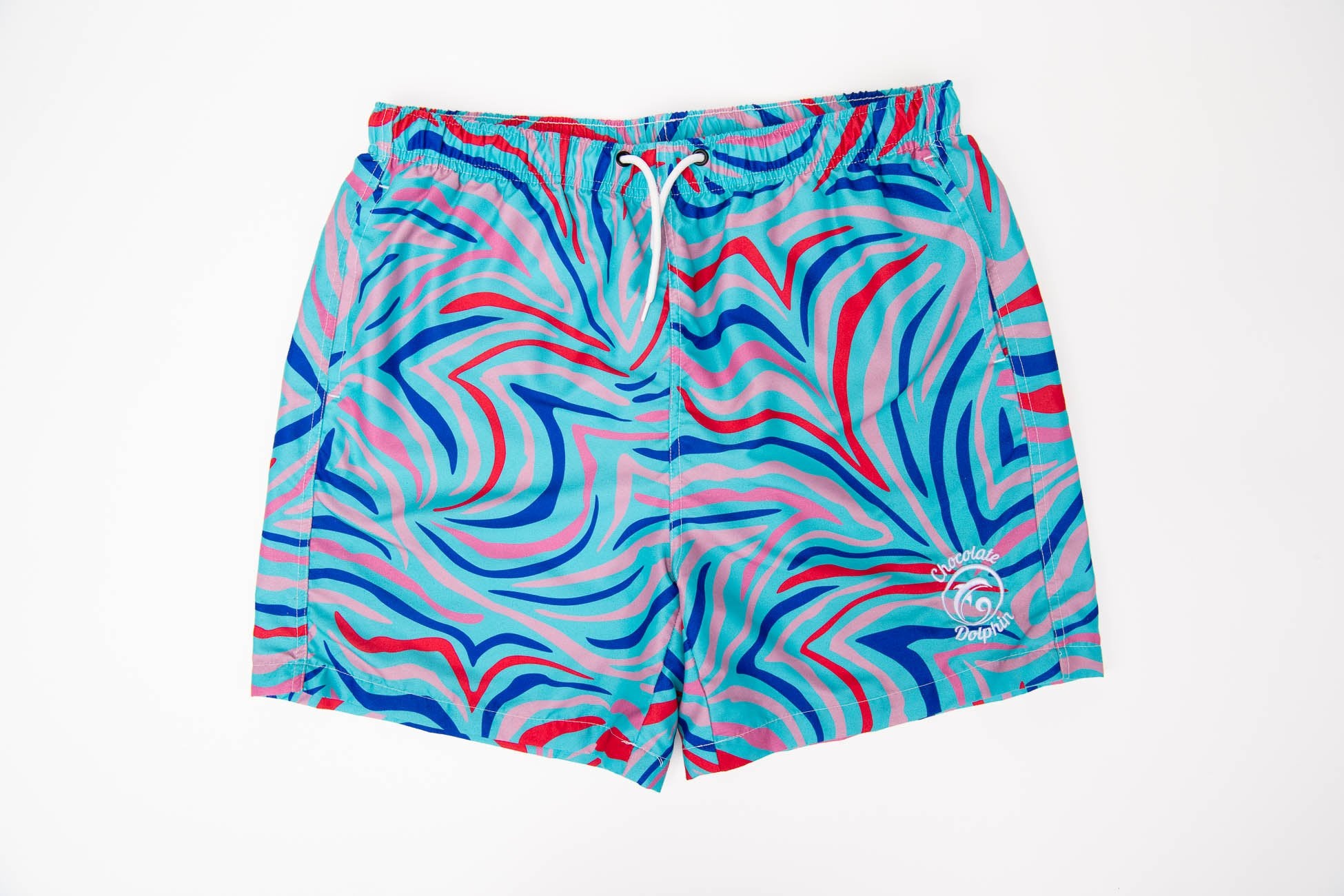 Aqua Blue/Red Swirl Swim Trunks